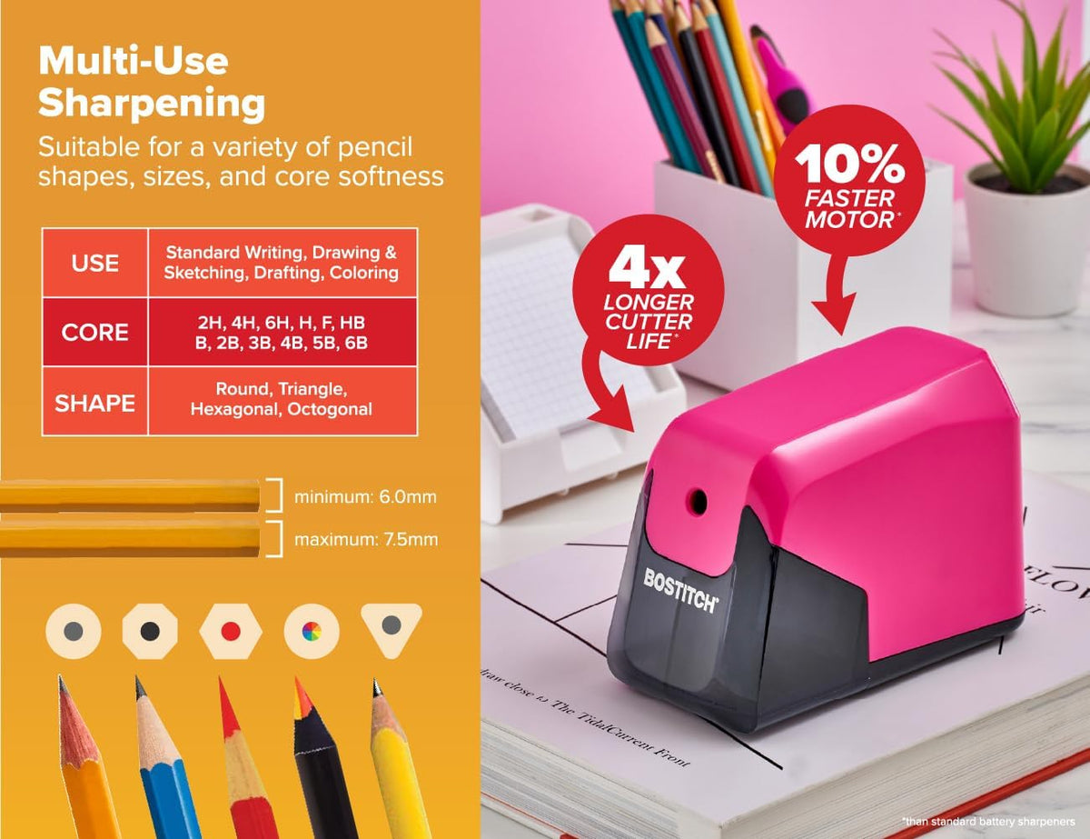 Bostitch Office Battery Pencil Sharpener, 4X Longer Cutter Life, Tip Saver Technology, Pink - PuriLite