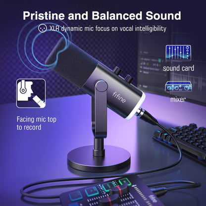 Fifine XLR/USB Dynamic Podcasting Microphone, Gaming Studio Computer PC Mic with RGB, Mute Button, Headphones Jack, Desktop Stand for Streaming Recording Vocal VoiceOver YouTube Singing-AM8 - PuriLite