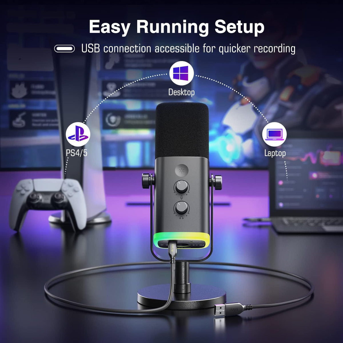 Fifine XLR/USB Dynamic Podcasting Microphone, Gaming Studio Computer PC Mic with RGB, Mute Button, Headphones Jack, Desktop Stand for Streaming Recording Vocal VoiceOver YouTube Singing-AM8 - PuriLite