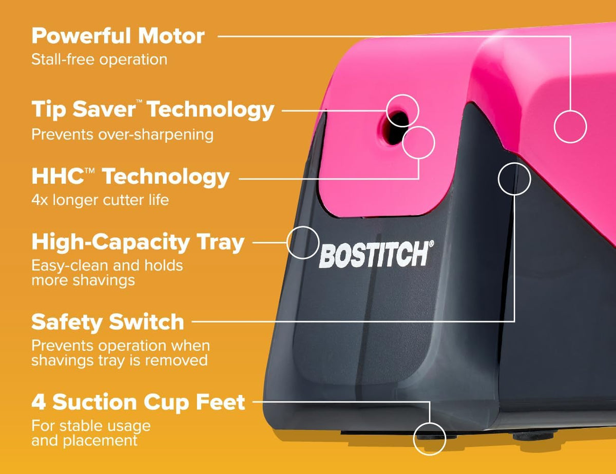 Bostitch Office Battery Pencil Sharpener, 4X Longer Cutter Life, Tip Saver Technology, Pink - PuriLite