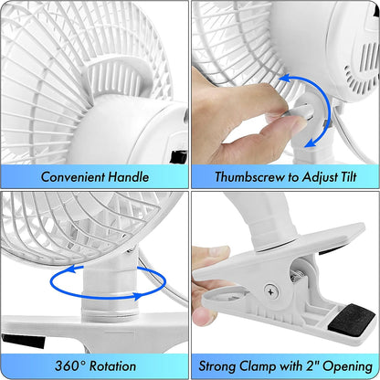 6 Inch Clip-On Fan Great for Table Tops, White - PuriLite