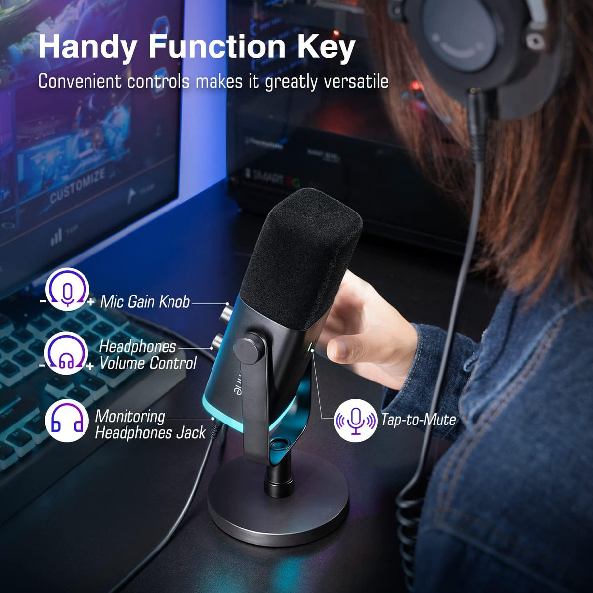 Fifine XLR/USB Dynamic Podcasting Microphone, Gaming Studio Computer PC Mic with RGB, Mute Button, Headphones Jack, Desktop Stand for Streaming Recording Vocal VoiceOver YouTube Singing-AM8 - PuriLite