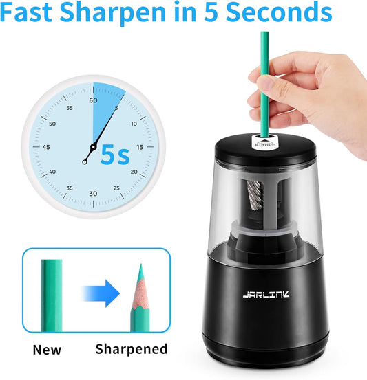 JARLINK Electric Pencil Sharpener, Heavy-Duty Helical Blade to Fast Sharpen, Auto Stop for No.2/Colored Pencils(6-8mm), USB/Battery Operated in School Classroom/Office/Home (Black) - PuriLite