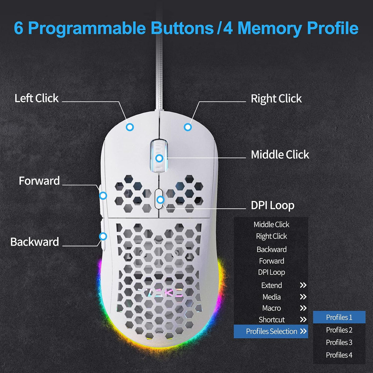 TMKB Falcon M1SE Ultralight Honeycomb Gaming Mouse, High-Precision 12800DPI Optical Sensor, 6 Programmable Buttons, Customizable RGB, Drag-Free Paracord, Ergonomic Wired Gaming Mouse - Matte White - PuriLite