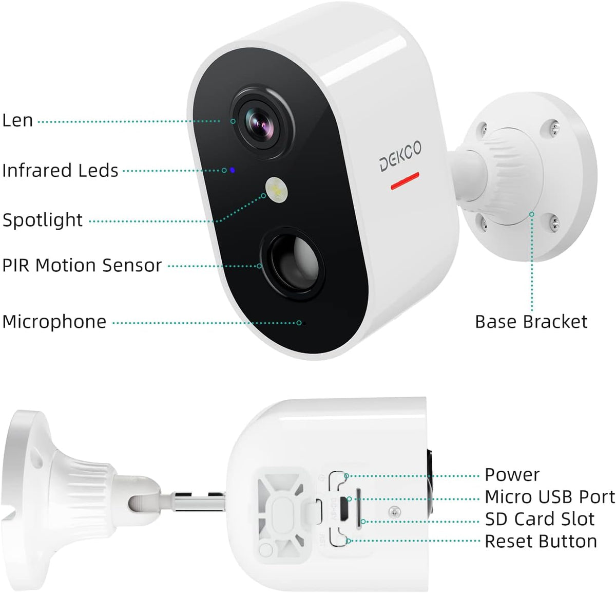 DEKCO Security Cameras Wireless Outdoor, Battery Operated Camera Surveillance Exterieur for Home Security, 1080P WiFi Camera with PIR Human Motion Detection & Siren, 2 Way Audio, IP66 Waterproof - PuriLite
