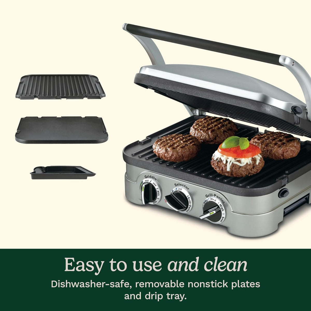Cuisinart 5-in-1 Griddler with Reversible Nonstick Grill and Griddle Plates, Silver (CGR-4NEC) - PuriLite