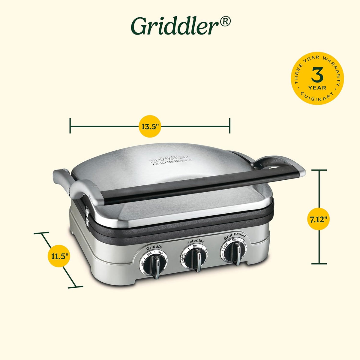 Cuisinart 5-in-1 Griddler with Reversible Nonstick Grill and Griddle Plates, Silver (CGR-4NEC) - PuriLite