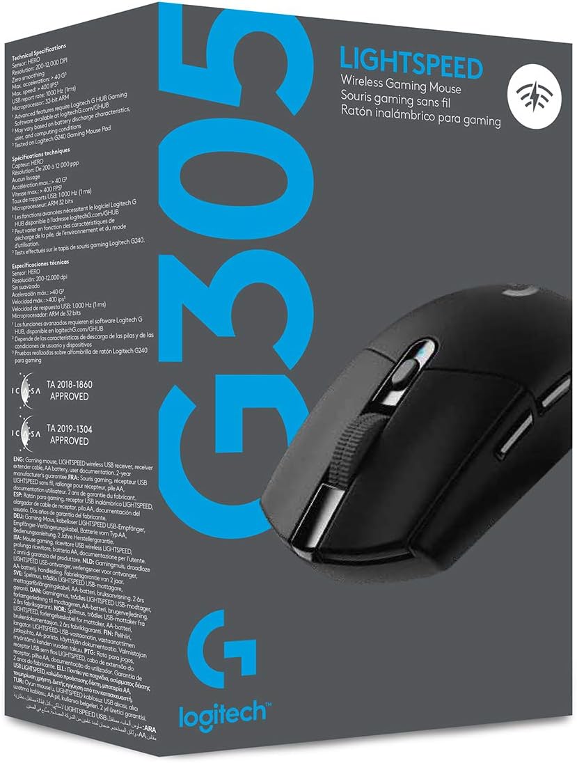 Logitech G305 LIGHTSPEED Wireless Gaming Mouse, Hero 12K Sensor, 12,000 DPI, Lightweight, 6 Programmable Buttons, 250h Battery Life, On-Board Memory, PC/Mac - Black - PuriLite