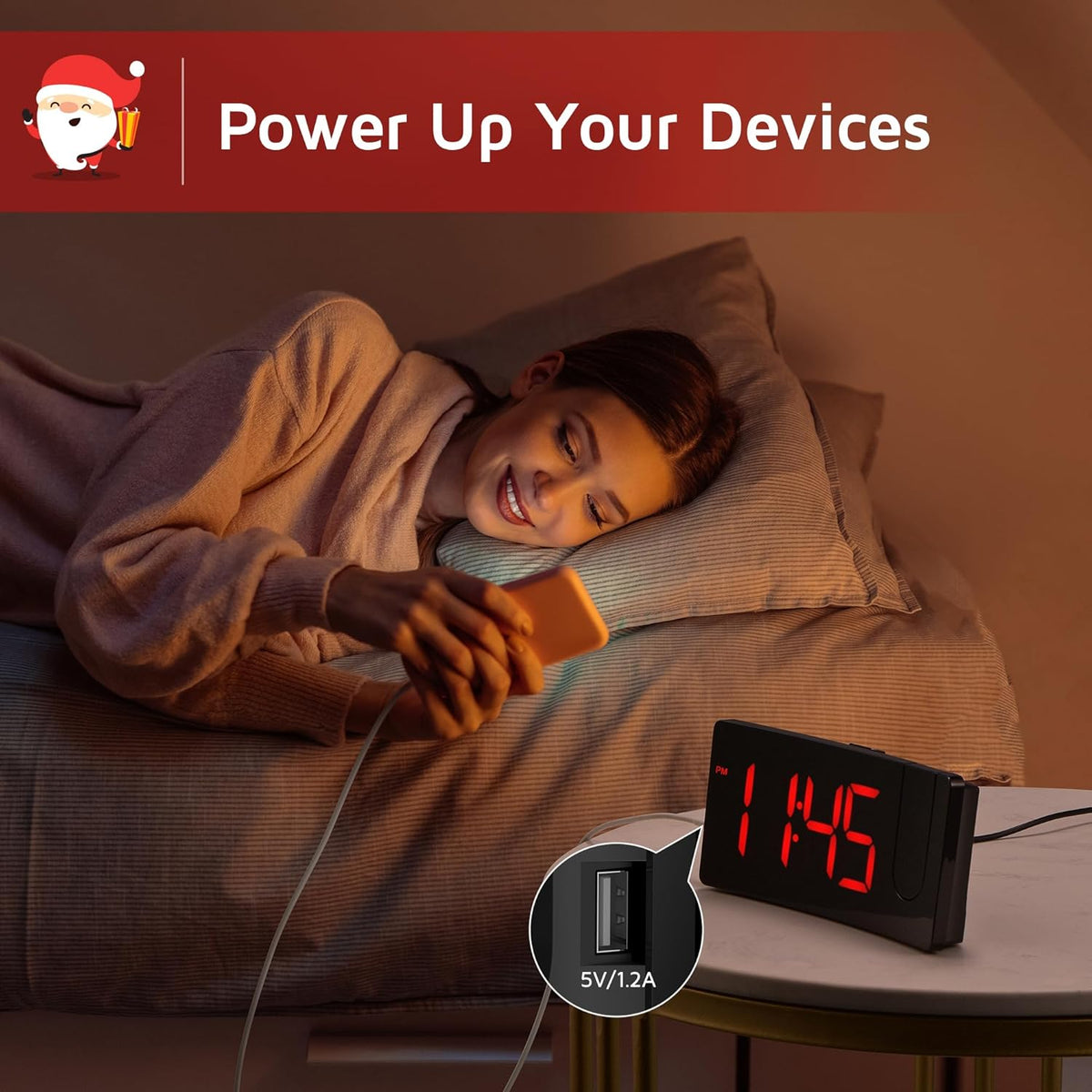 Projection Alarm Clock, Digital Clock with 180° Rotatable Projector, 3-Level Brightness Dimmer, Clear LED Display, USB Charger, Progressive Volume, 9mins Snooze,12/24H, Digital Alarm Clock for Bedroom - PuriLite