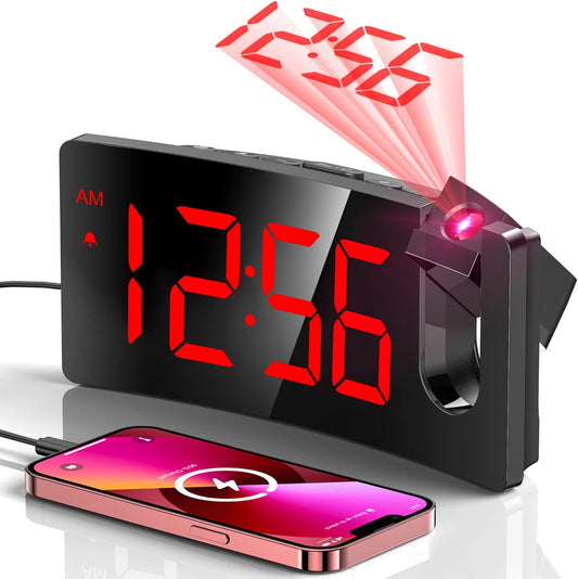 Projection Alarm Clock, Digital Clock with 180° Rotatable Projector, 3-Level Brightness Dimmer, Clear LED Display, USB Charger, Progressive Volume, 9mins Snooze,12/24H, Digital Alarm Clock for Bedroom - PuriLite