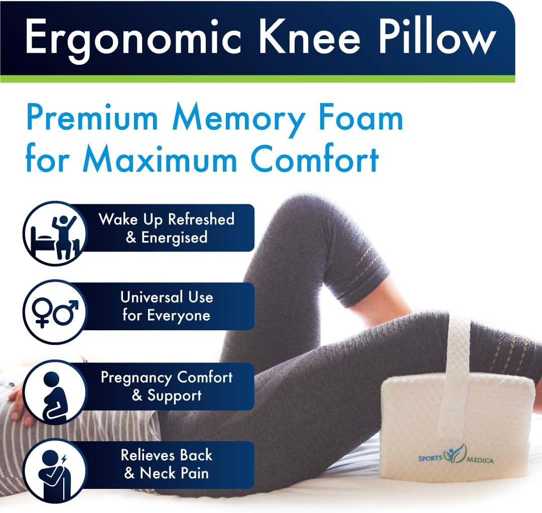 Ergonomic Memory Foam Knee Pillow for Side Sleepers with Breathable Removable Cover, Spine Alignment Leg Support Pillow with Adjustable Strap - PuriLite