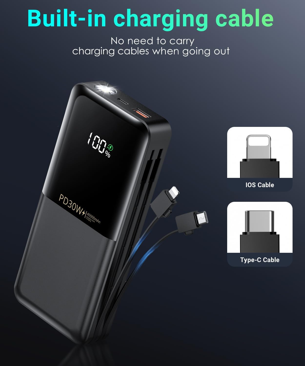 Power-Bank-Portable-Phone-Charger - 40000mAh Power Bank PD30W Fast Charger Built-in 2 Detachable Output Cables, Flashlight and LED Display for iPhone and Android Phones and Most Electronic Devices - PuriLite