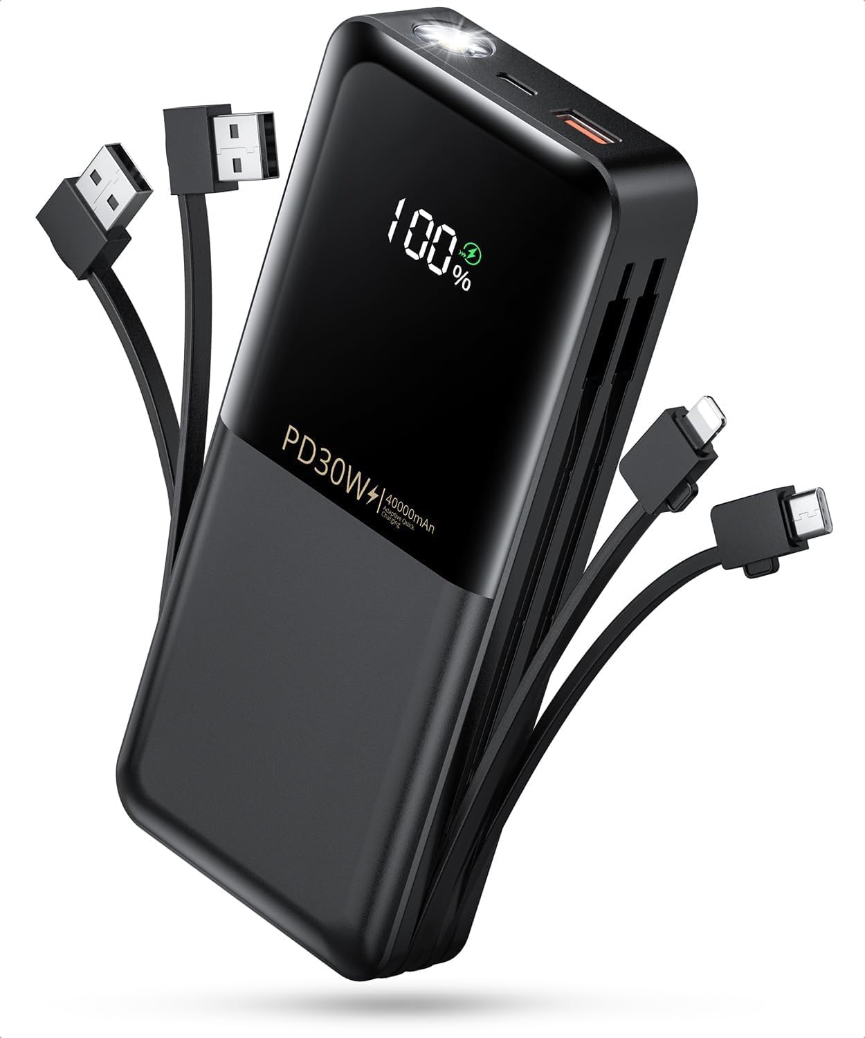 Power-Bank-Portable-Phone-Charger - 40000mAh Power Bank PD30W Fast Charger Built-in 2 Detachable Output Cables, Flashlight and LED Display for iPhone and Android Phones and Most Electronic Devices - PuriLite