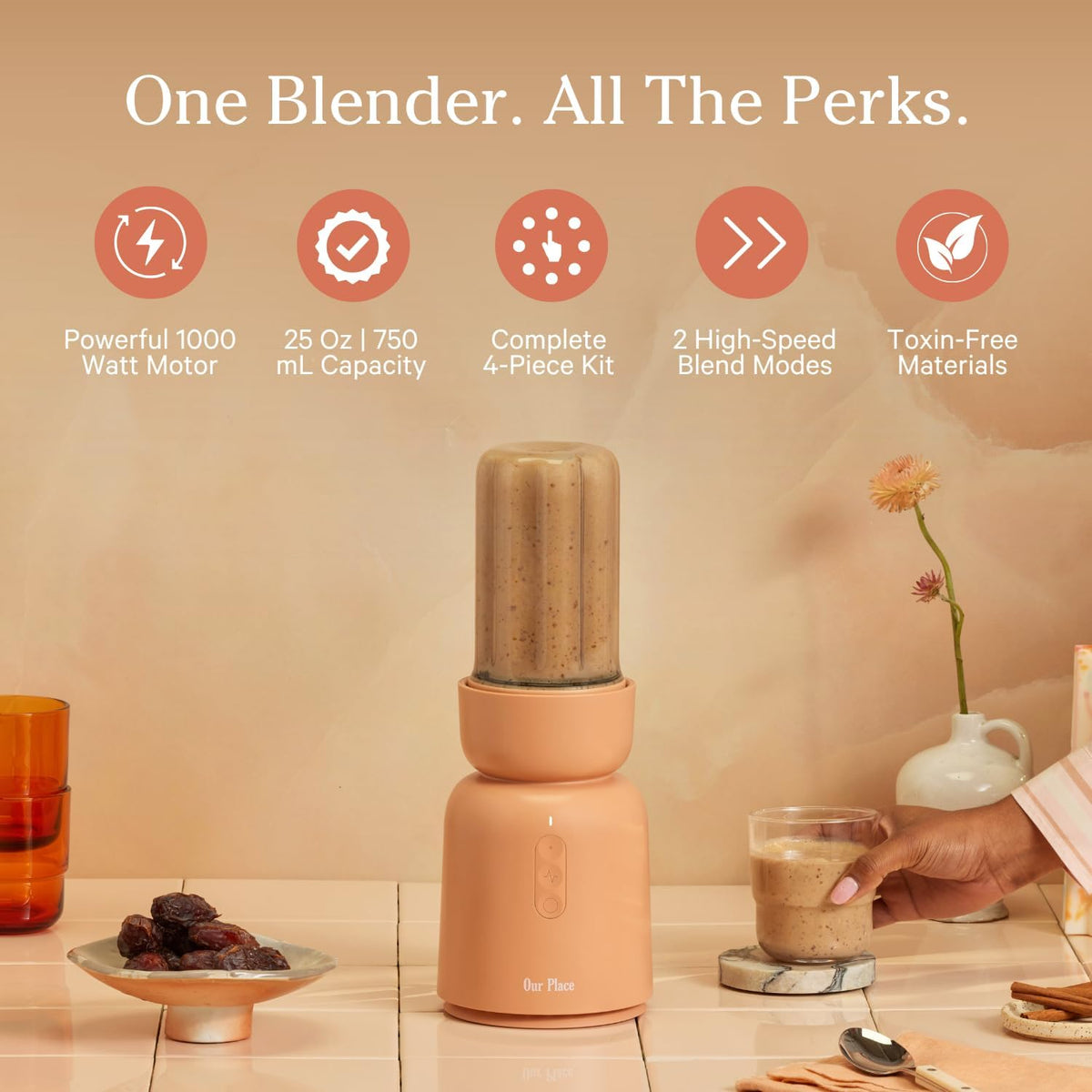 High-Power Personal Blender 1000W with Ultra-Sharp Blades, 25 oz Portable Smoothie Blender with Drinking Lid, Two Blending Modes, Countertop Blender for Smoothies and Shakes, Spice Color - PuriLite