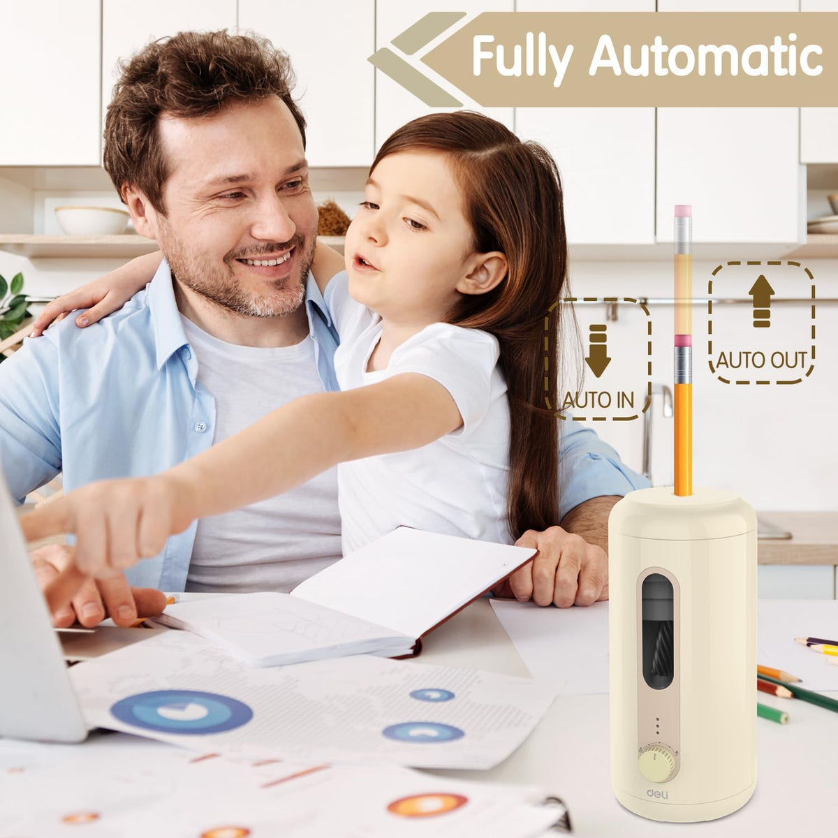 Deli Electric Pencil Sharpener, Fully Automatic Pencil Sharpener, Auto in & Out, Rechargeable Hands-Free Pencil Sharpener for 6.9-12mm, Home, Classroom, Battery Operated, Beige - PuriLite