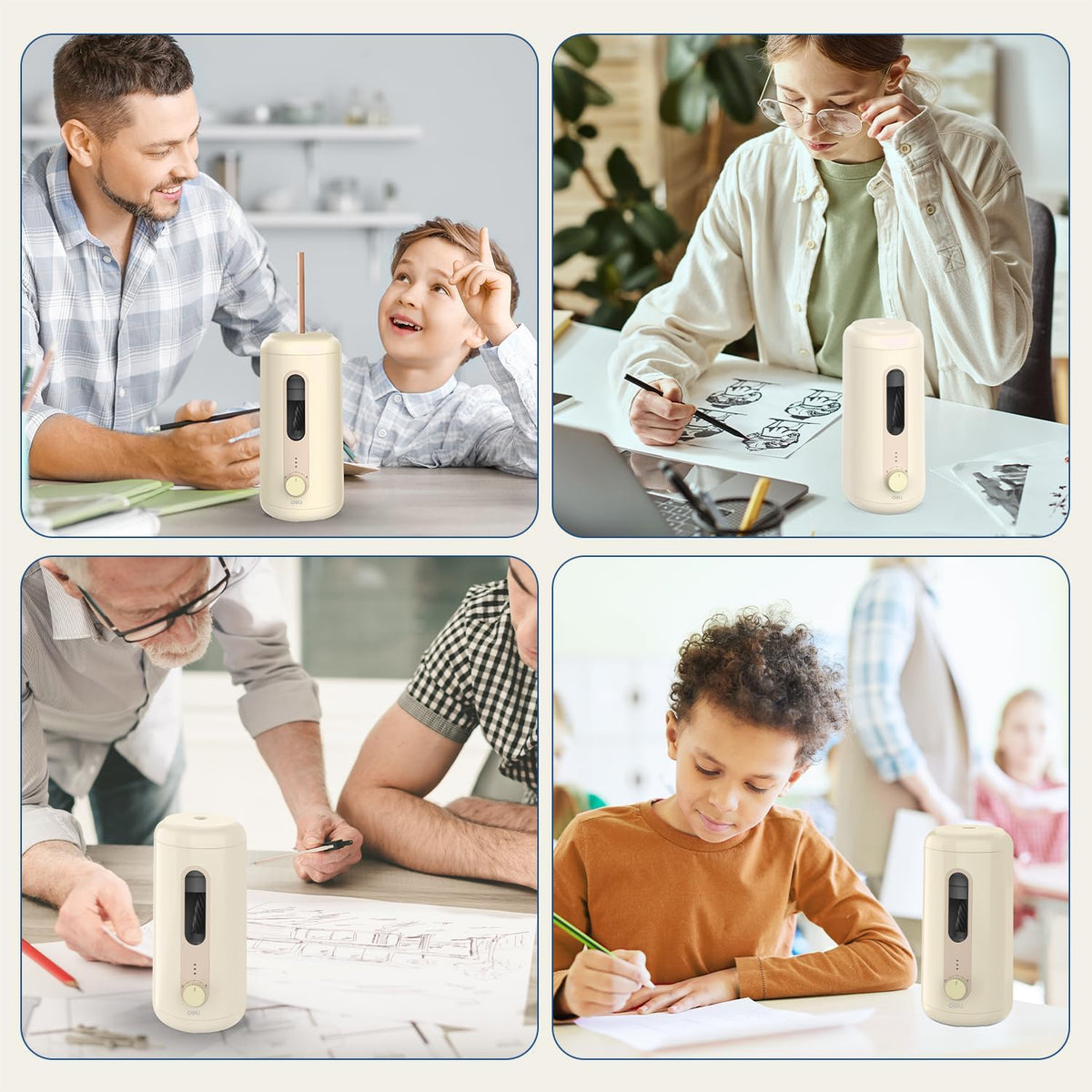 Deli Electric Pencil Sharpener, Fully Automatic Pencil Sharpener, Auto in & Out, Rechargeable Hands-Free Pencil Sharpener for 6.9-12mm, Home, Classroom, Battery Operated, Beige - PuriLite