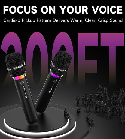 Wireless Microphone, Rechargeable Wireless Dual Microphones with One-to-One Chip Connection and LED Lights, 40H Duration, 200FT Range Receiving, Less Latency Karaoke Microphone for Singing - PuriLite