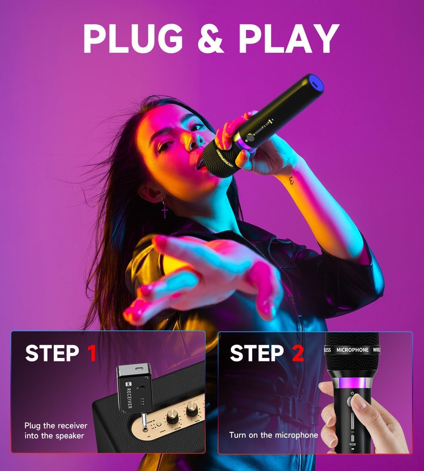 Wireless Microphone, Rechargeable Wireless Dual Microphones with One-to-One Chip Connection and LED Lights, 40H Duration, 200FT Range Receiving, Less Latency Karaoke Microphone for Singing - PuriLite