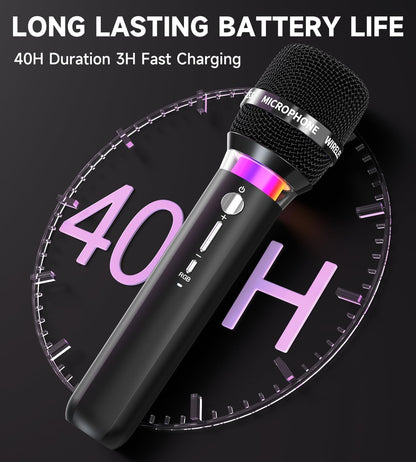 Wireless Microphone, Rechargeable Wireless Dual Microphones with One-to-One Chip Connection and LED Lights, 40H Duration, 200FT Range Receiving, Less Latency Karaoke Microphone for Singing - PuriLite