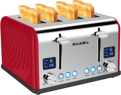 Toaster 4 Slice, Bagel Stainless Toaster with LCD Timer, Extra Wide Slots, Dual Screen, Removal Crumb Tray (Red) - PuriLite