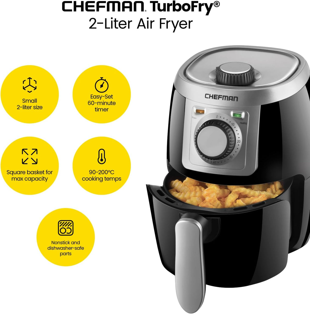 Chefman TurboFry 2-Quart Air Fryer, Personal Compact Healthy Fryer w/ Adjustable Temperature Control, 60 Minute Timer and Dishwasher Safe Basket, Black - PuriLite