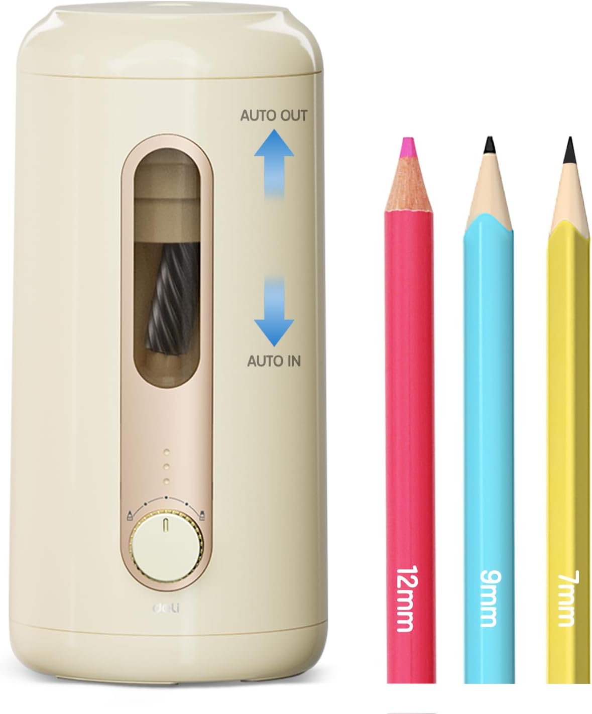 Deli Electric Pencil Sharpener, Fully Automatic Pencil Sharpener, Auto in & Out, Rechargeable Hands-Free Pencil Sharpener for 6.9-12mm, Home, Classroom, Battery Operated, Beige - PuriLite