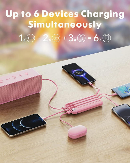 Charmast Portable Charger with Built in Cables, Portable Charger with Cords Wires Slim 10000mAh Travel Essentials Battery Pack 6 Outputs 3A High Speed Power Bank for iPhone Samsung Pixel LG Moto iPad - PuriLite
