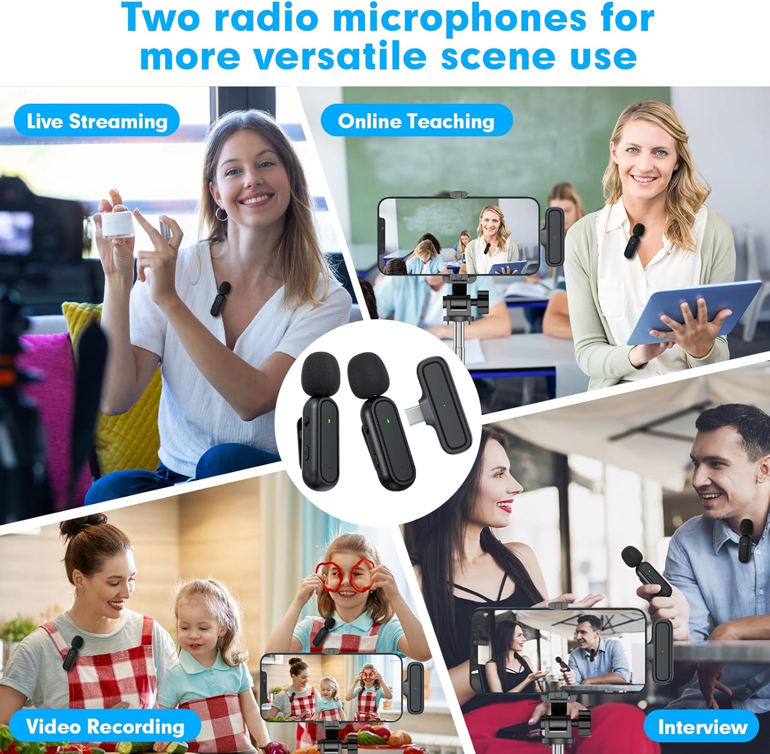2-Pack Wireless Lavalier Microphone for iPhone iPad Android, Mini Microphone Included Charging Case & Jack Adapter, Noise Reduction Plug-Play Clip on Lapel Mic for Youtuber, Recording,Vlog, Facebook - PuriLite