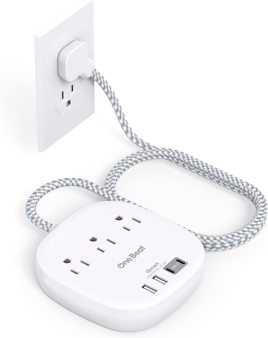 Flat Plug Power Bar with USB C, 5FT Ultra-Thin Extension Cord, 3 Outlet with 4 USB Ports (2 USB C) Desktop Charging Station, No Surge Protection for Cruise Ship, Travel Essentials, Dorm Room - PuriLite