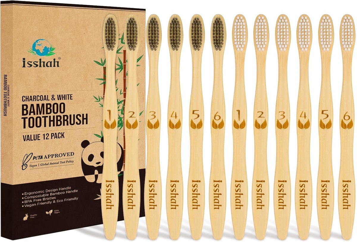 Isshah Biodegradable Eco-Friendly Natural Bamboo Charcoal Toothbrushes, FSC Certified and PETA Approved - 12 Count - PuriLite