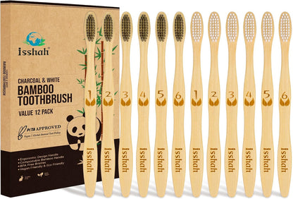 Isshah Biodegradable Eco-Friendly Natural Bamboo Charcoal Toothbrushes, FSC Certified and PETA Approved - 12 Count - PuriLite