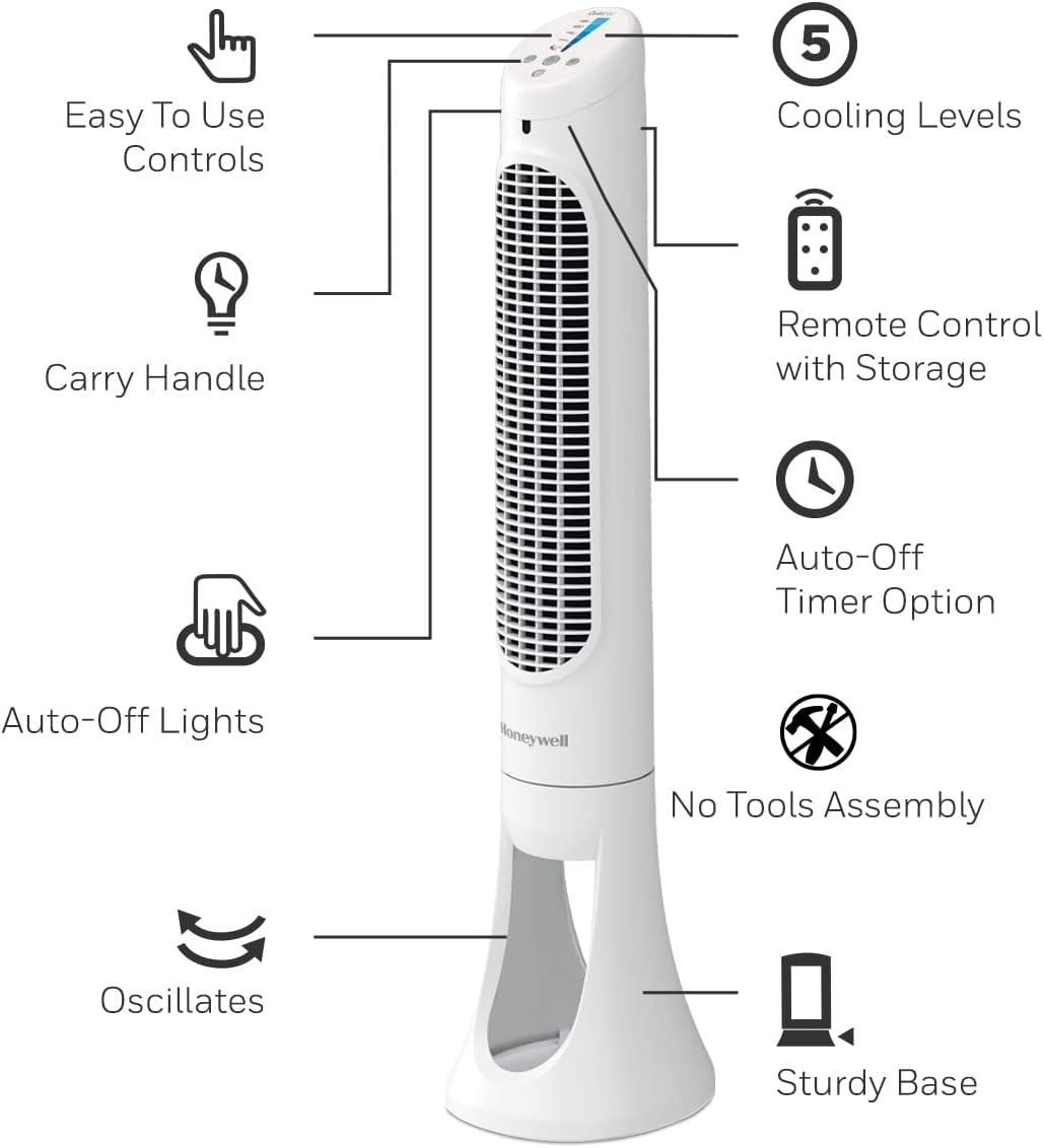 Honeywell HYF260WC QuietSet® Whole Room 40” Tall Tower Fan Home, Bedroom, Office, 75° Oscillation, Remote Control, 5 speeds, Slim Profile, Auto Shut-Off, Portable, Easy-to Use Controls, White - PuriLite