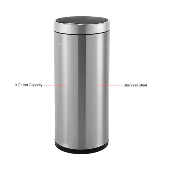 Global Industrial™ Round Motion Sensor Trash Can, 9-1/4 Gallon, Brushed Stainless Steel - PuriLite