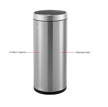 Global Industrial™ Round Motion Sensor Trash Can, 9-1/4 Gallon, Brushed Stainless Steel - PuriLite