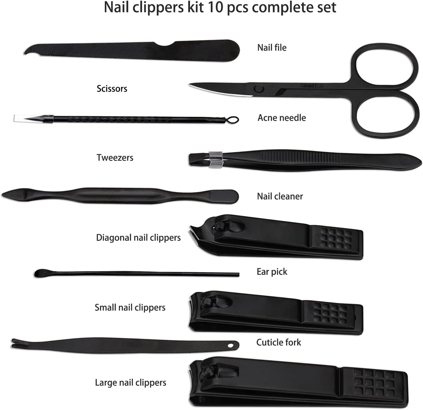 Manicure Set Nail Clippers Kit Professional Stainless Steel Nail Care Tools with Leather Travel Case 10 in 1 Black - PuriLite