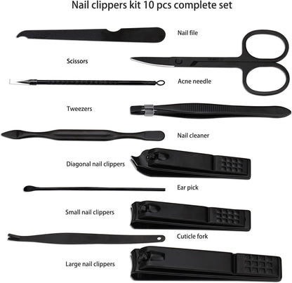 Manicure Set Nail Clippers Kit Professional Stainless Steel Nail Care Tools with Leather Travel Case 10 in 1 Black - PuriLite