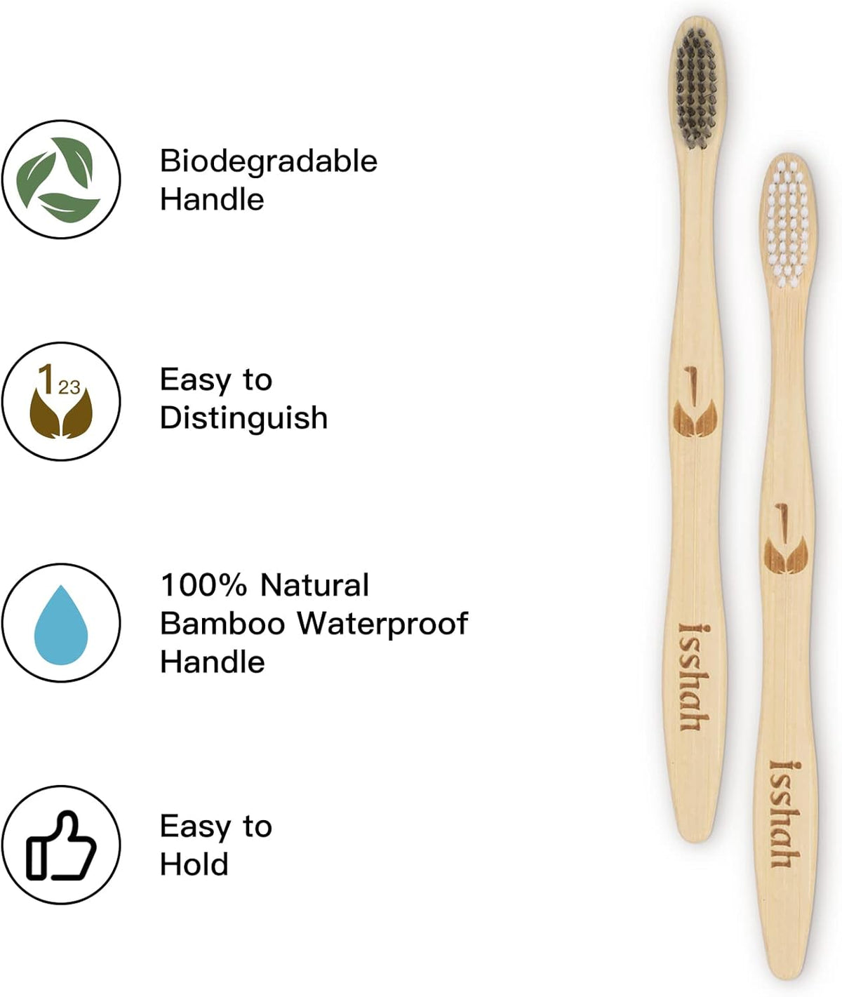 Isshah Biodegradable Eco-Friendly Natural Bamboo Charcoal Toothbrushes, FSC Certified and PETA Approved - 12 Count - PuriLite