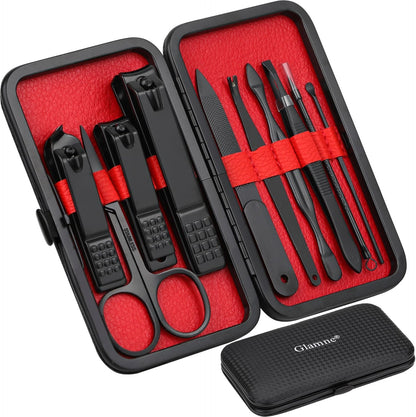 Manicure Set Nail Clippers Kit Professional Stainless Steel Nail Care Tools with Leather Travel Case 10 in 1 Black - PuriLite