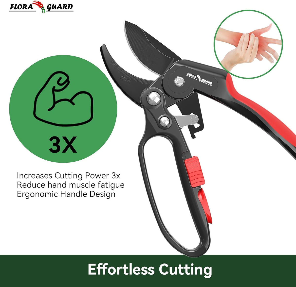 FLORA GUARD Garden Clippers, Professional Ratchet Pruning Shears, Increases Cutting Power 3X, Sharp Gardening Scissors, Cutting Rose, Flower, Hedge, Stem, Tree, Perfect for Weak Hands & Arthritis - PuriLite