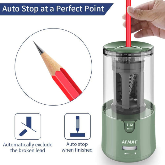 AFMAT Electric Pencil Sharpener, Auto Stop, Super Sharp & Fast, Electric Pencil Sharpener Plug in for 6-12mm No.2/Colored Pencils/Office/Home-Green - PuriLite