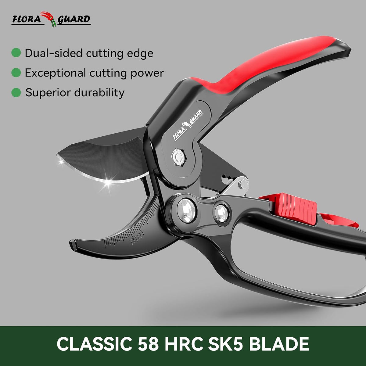 FLORA GUARD Garden Clippers, Professional Ratchet Pruning Shears, Increases Cutting Power 3X, Sharp Gardening Scissors, Cutting Rose, Flower, Hedge, Stem, Tree, Perfect for Weak Hands & Arthritis - PuriLite