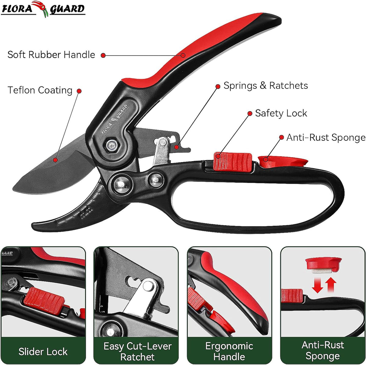FLORA GUARD Garden Clippers, Professional Ratchet Pruning Shears, Increases Cutting Power 3X, Sharp Gardening Scissors, Cutting Rose, Flower, Hedge, Stem, Tree, Perfect for Weak Hands & Arthritis - PuriLite