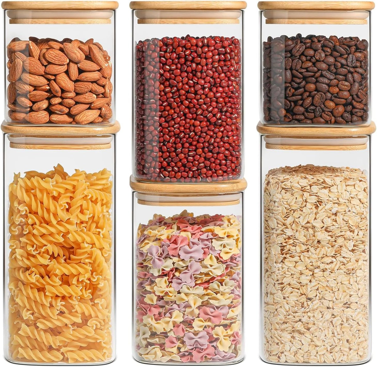 ComSaf Airtight Glass Storage Canister Set of 6 with Bamboo Lids, Clear Square Food Storage Jars for Kitchen Pantry Organization, Flour Sugar Coffee Tea Containers (650ML/1.1L/1.5L) - PuriLite