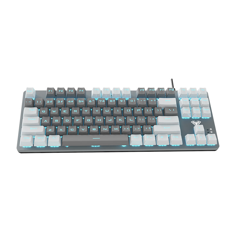 Aula - F3287 Wired Mechanical Gaming Keyboard - 87 Keys with Blue Switches - White & Grey Keycaps - Programmable Macros - PuriLite