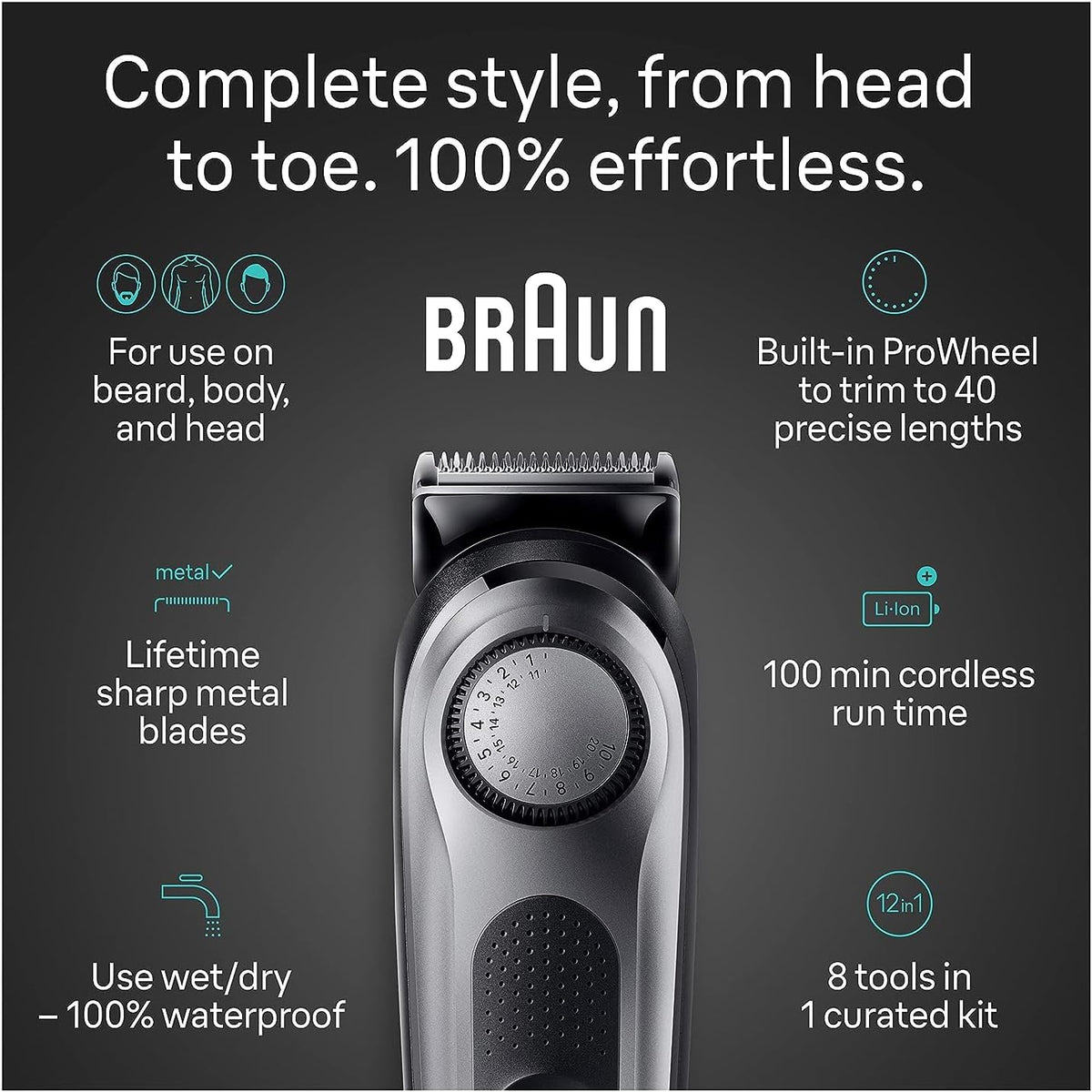Braun All-in-One Style Kit Series 7 7410, 100% Waterproof 8-in-1 Beard & Body Trimmer for Manscaping, with 8 tools and 100-minute Cordless Runtime - PuriLite