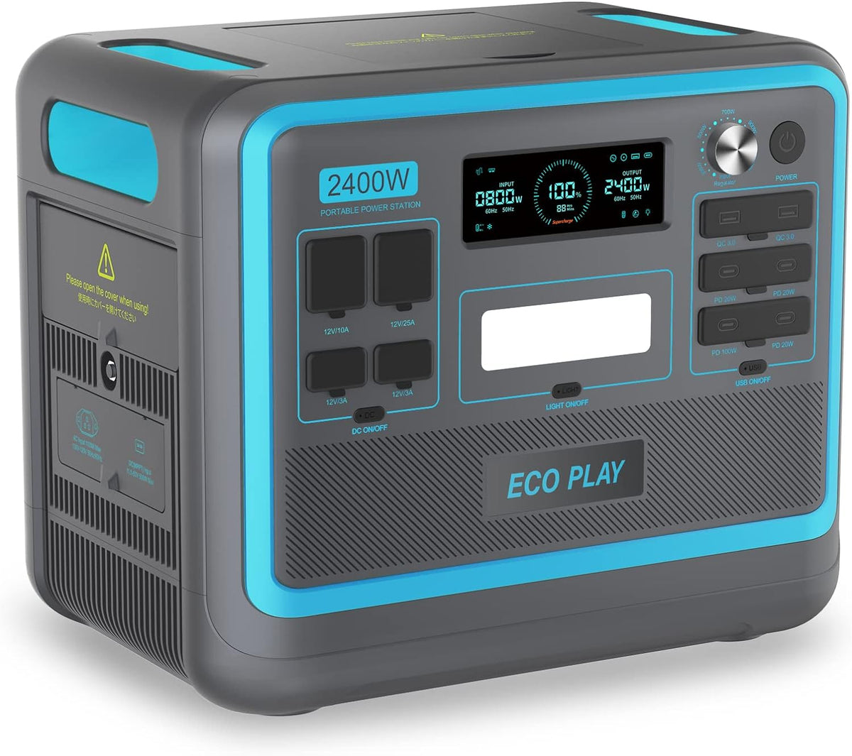 Eco Play SYD2400 Portable Power Station 2400W, 2048Wh LiFePO4 Battery Backup Supply, 1.8H Fast Charging, Variable Input Power, 4000+ Cycle Time, Solar Generator for Camping, RV, Home, Emergency - PuriLite
