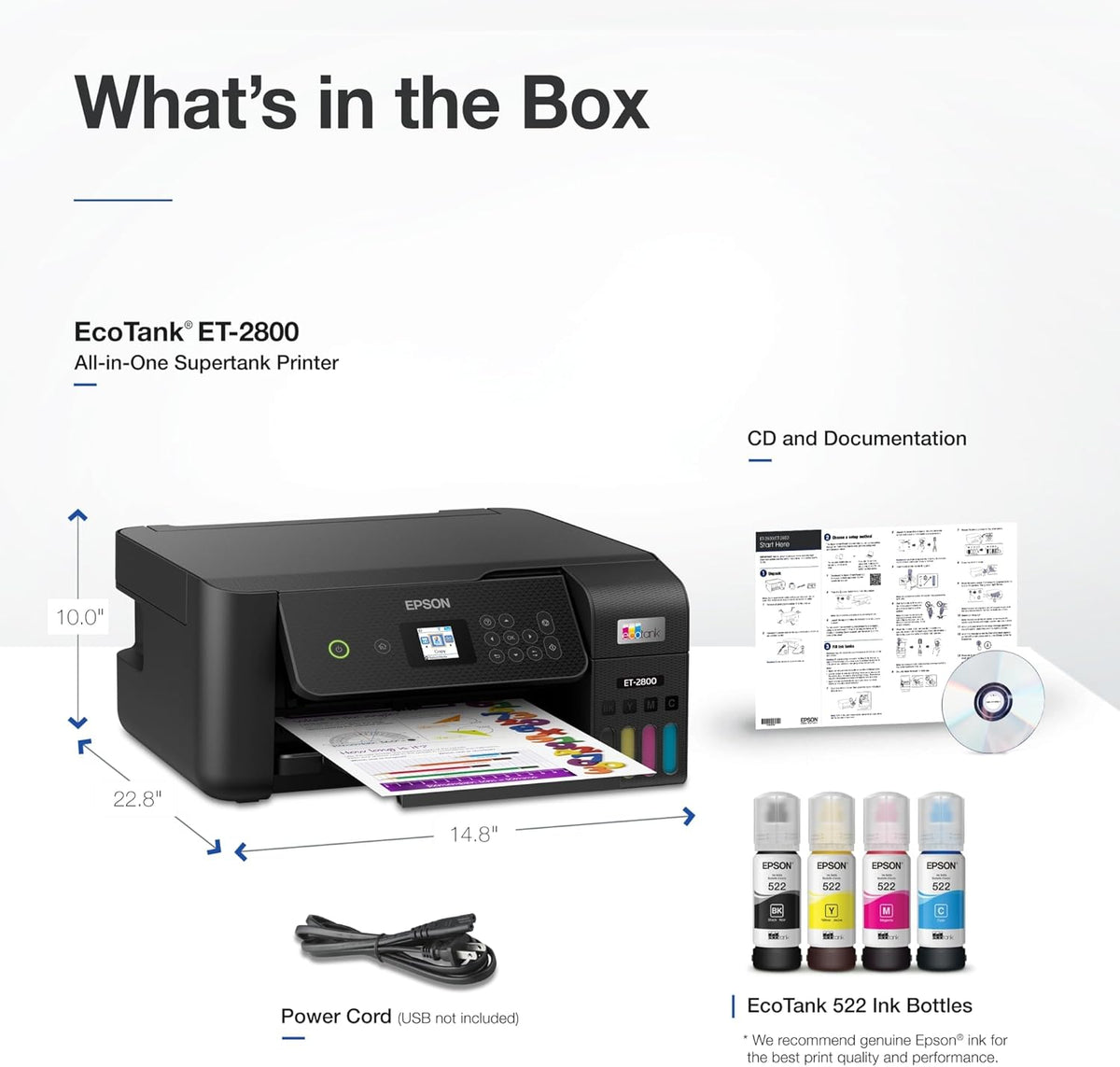 Epson EcoTank ET-2800 Wireless Color All-in-One Cartridge-Free Supertank Printer with Scan and Copy – The Ideal Basic Home Printer - Black - PuriLite