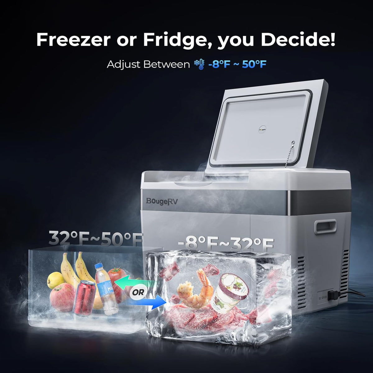 BougeRV 12V Portable Refrigerator 30 Quart Car Compressor Freezer Fridge,12/24V DC 110~240 Volt AC,-7℉~50℉ for Truck Van RV Jeep Camper SUV Boat,Travel Camping Road Trips Tailgating - PuriLite