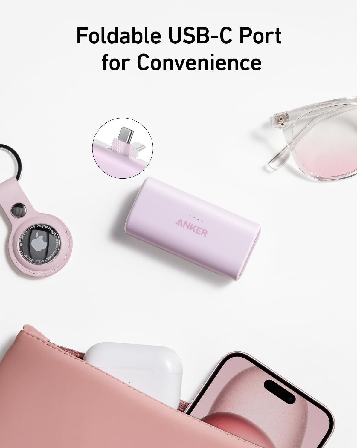 Anker Nano Power Bank with Built-in Foldable USB-C Connector, 5,000mAh Portable Charger 22.5W, for Samsung S22/23 Series, Note20/10 Series, LG, Huawei, iPad Pro/Air, AirPods, and More - PuriLite