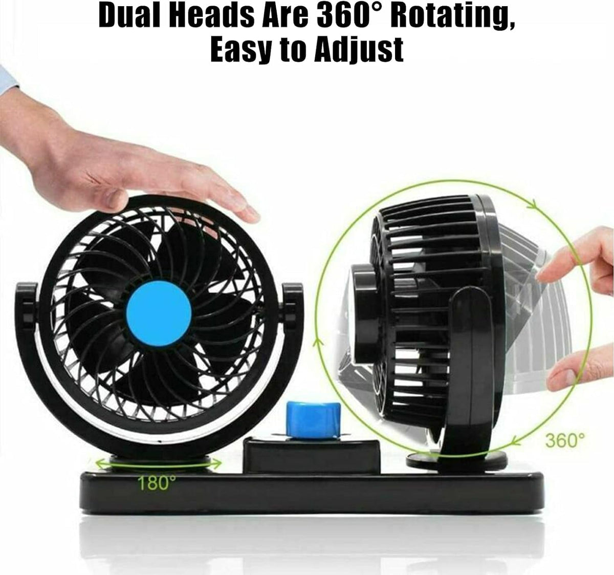 Itian 360° Rotating Double Mini Electric Car Fan - Dual Head Clip Fan for Car, SUV, RV, Boat, Adjustable Speeds, Includes Adhesive Stickers - PuriLite